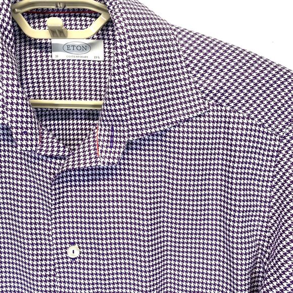 Eton Men's 39 x 15.5 US Medium Shirt Purple Houndstooth Long Sleeve Back Pleats - Picture 3 of 8